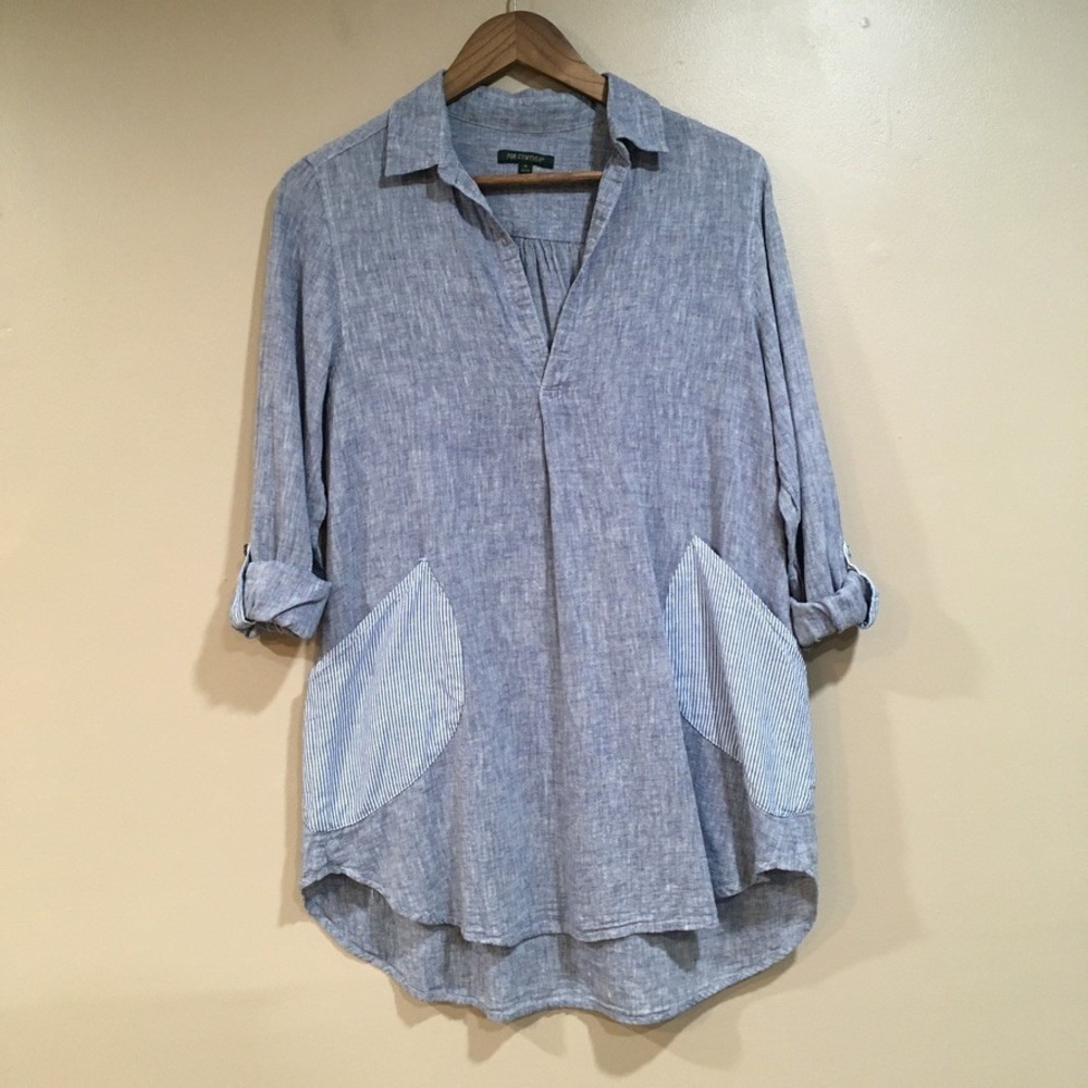 For Cynthia‎ Linen Blend Mini Dress Sz M Chambray Blue Roll Tab Sleeve Coastal